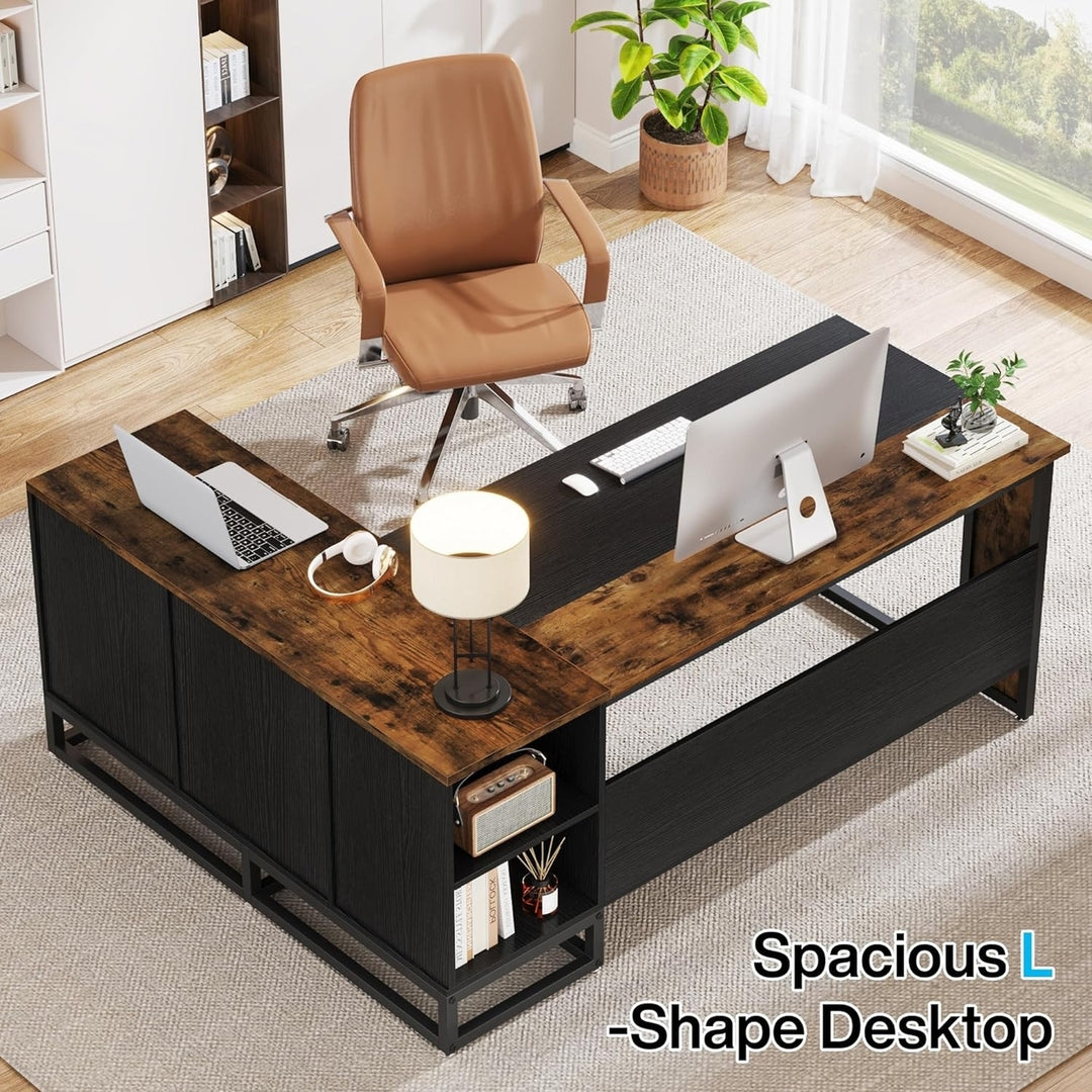 Tribesigns 63" L-Shaped Executive Desk Rustic Large Office Desk with Drawers Image 5