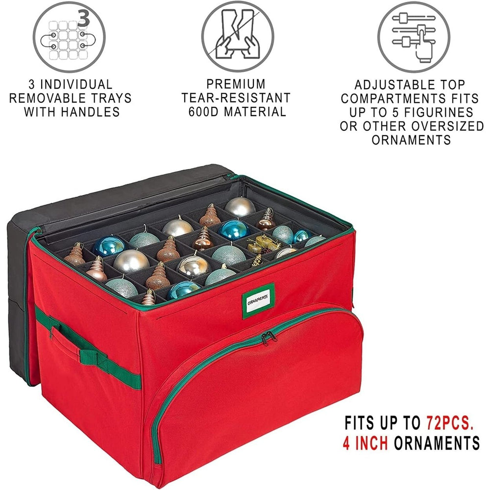 Christmas Ornament Storage Box - Holds Up to 72 Ornaments 4 x 4 Adjustable Compartments for Figurines, etc. - 600D/ Image 2