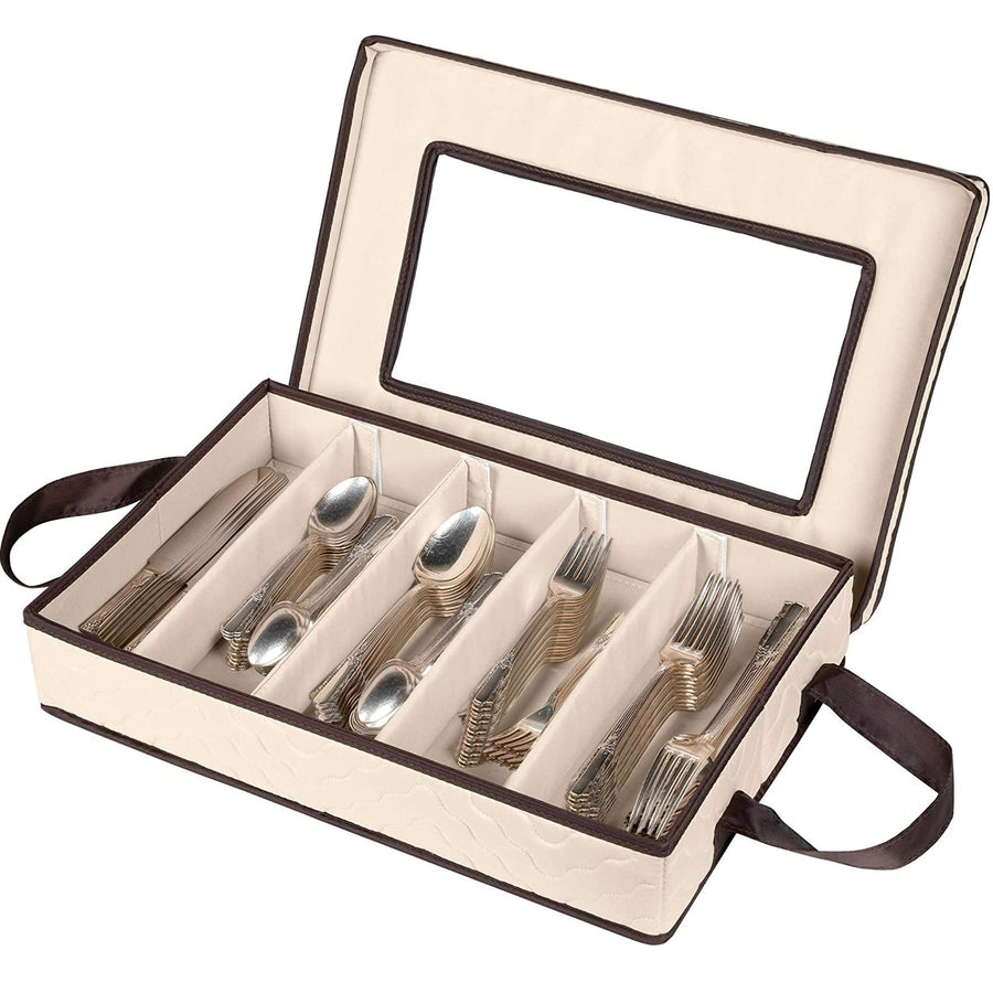 Flatware Storage Case Ivory Durable 5 Compartment Silverware Organizer with Handles Image 1