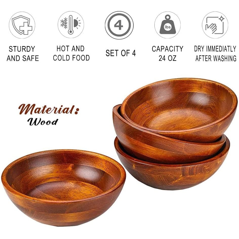 Wooden Salad Bowls - Set of 4, Multipurpose Individual 7 x 2.5 Food Bowls, Durable Hardwood Serving. and More 24 oz. Image 2