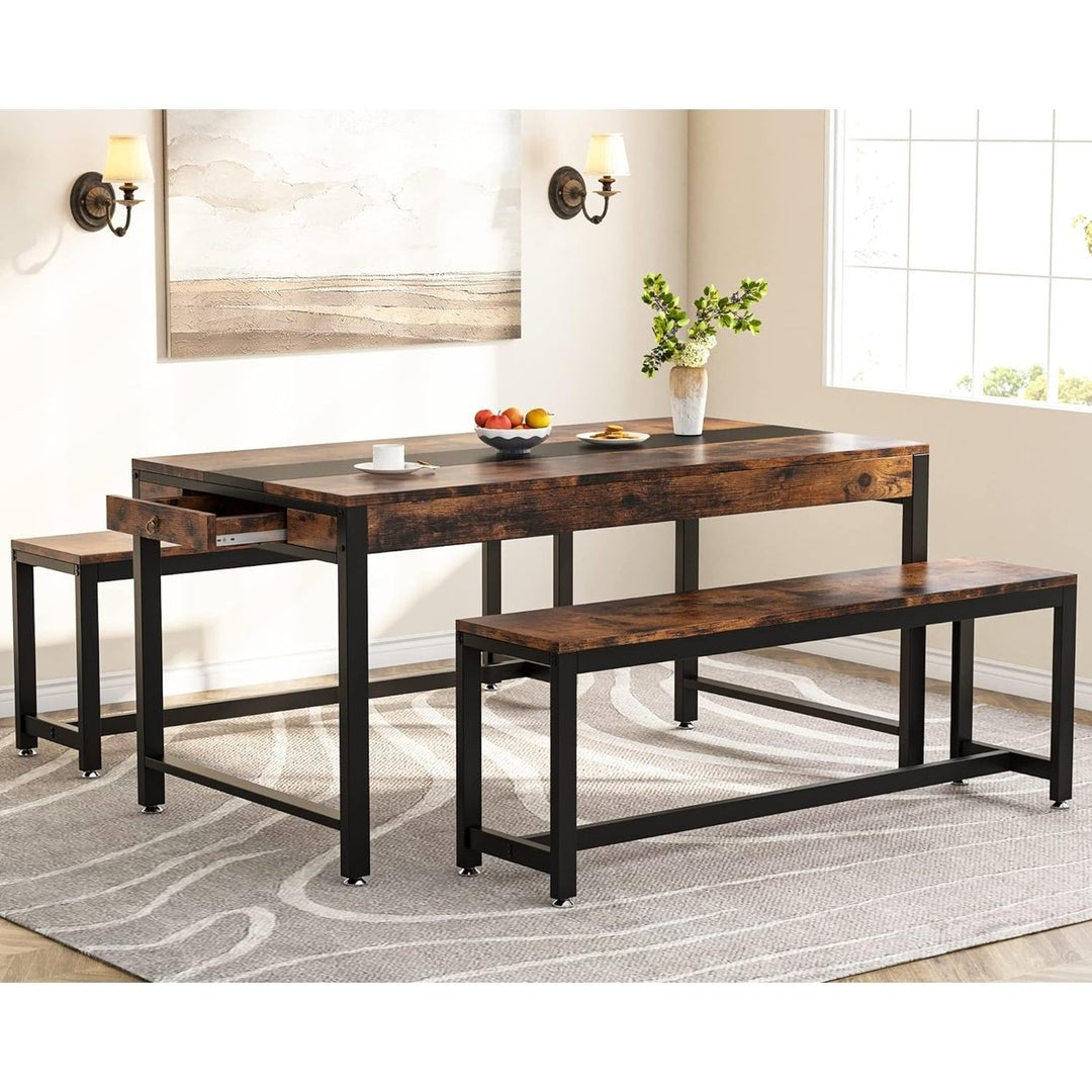 Tribesigns 63 Inch Dining Table Set for 4-6 with 2 Benches and Drawer Storage Image 1