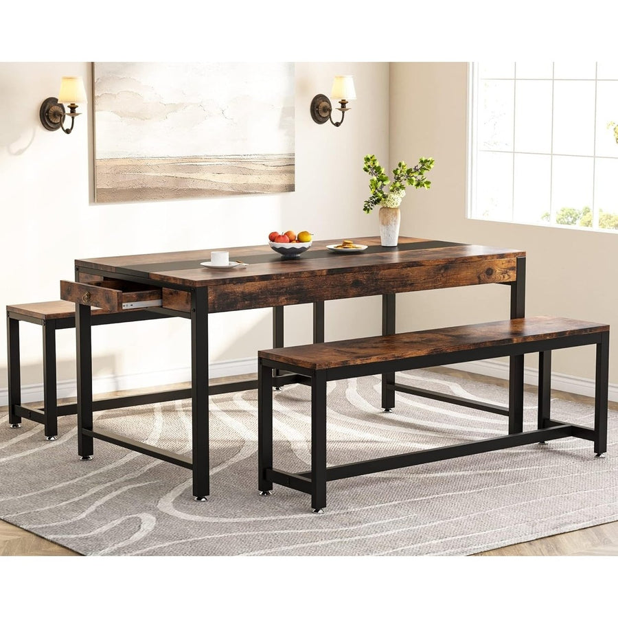 Tribesigns 63 Inch Large Dining Table Set for 4 to 6, Kitchen Breakfast Table with 2 Benches and Sided Drawer Image 1