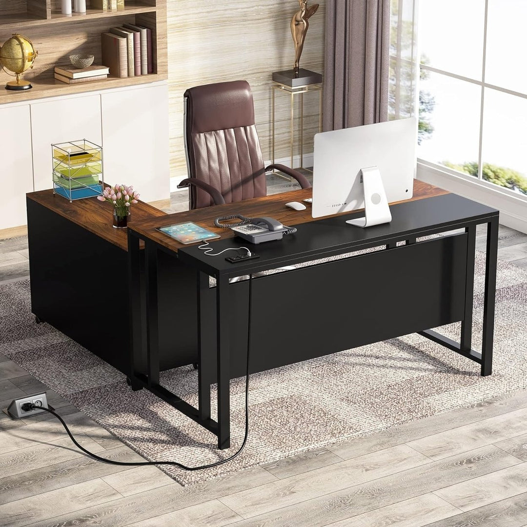 Tribesigns L-Shaped Desk 55 inch with Power Outlet and Drawer Cabinet Brown Image 1