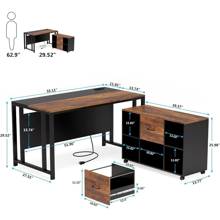 Tribesigns L-Shaped Desk 55 inch with Power Outlet and Drawer Cabinet Brown Image 2