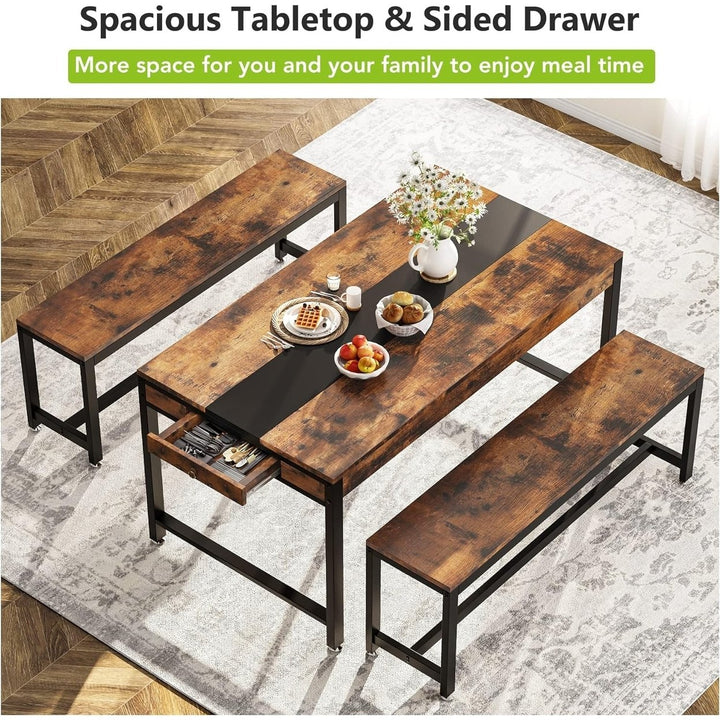 Tribesigns 63 Inch Dining Table Set for 4-6 with 2 Benches and Drawer Storage Image 4