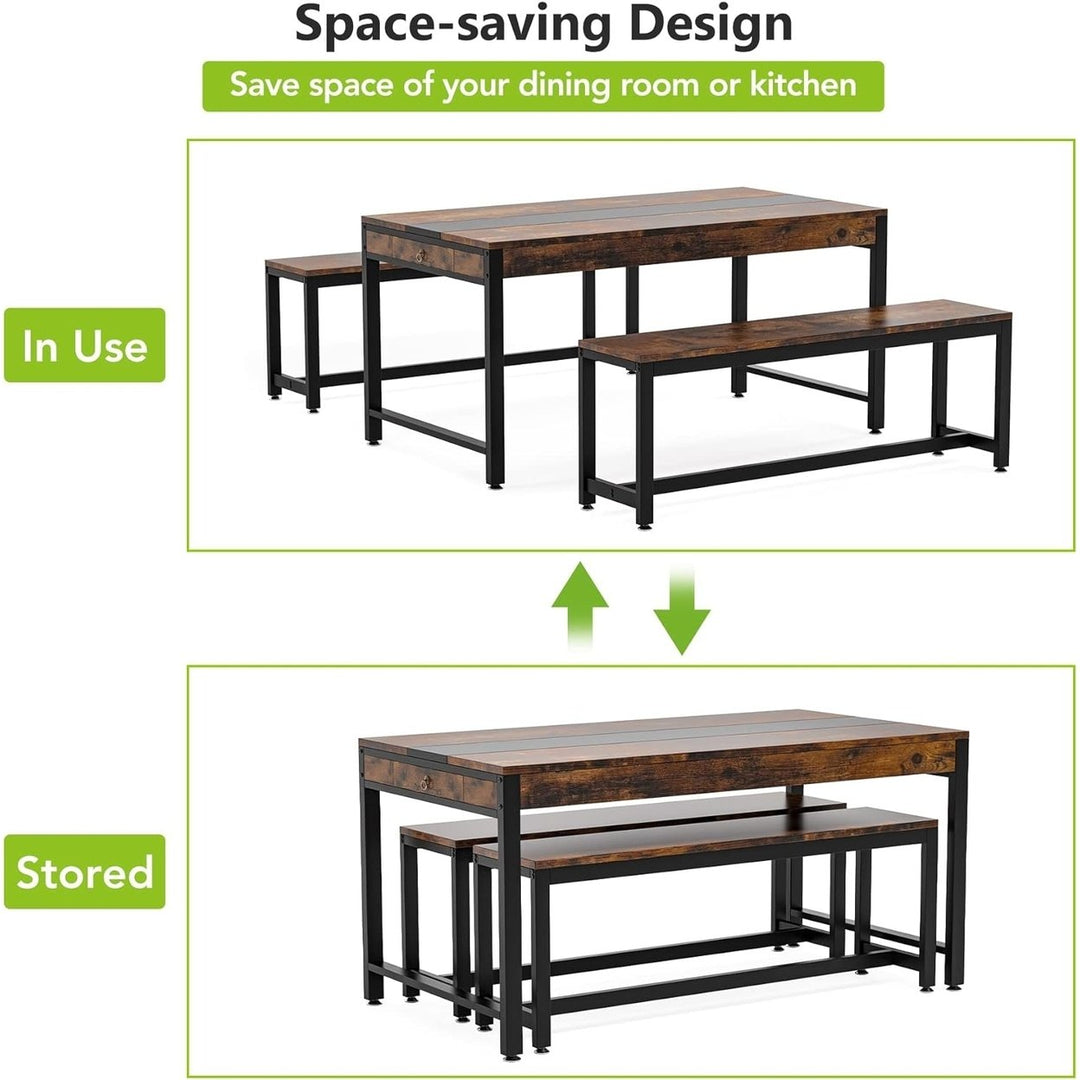 Tribesigns 63 Inch Dining Table Set for 4-6 with 2 Benches and Drawer Storage Image 5