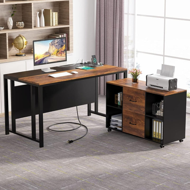 Tribesigns L-Shaped Desk 55 inch with Power Outlet and Drawer Cabinet Brown Image 3