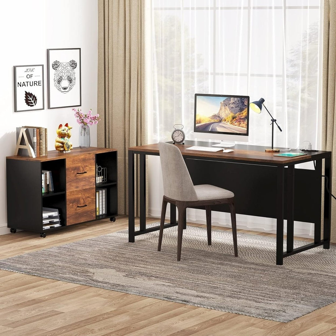 Tribesigns L-Shaped Desk 55 inch with Power Outlet and Drawer Cabinet Brown Image 4