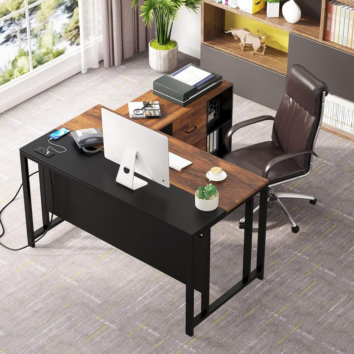 Tribesigns L-Shaped Desk 55 inch with Power Outlet and Drawer Cabinet Brown Image 5