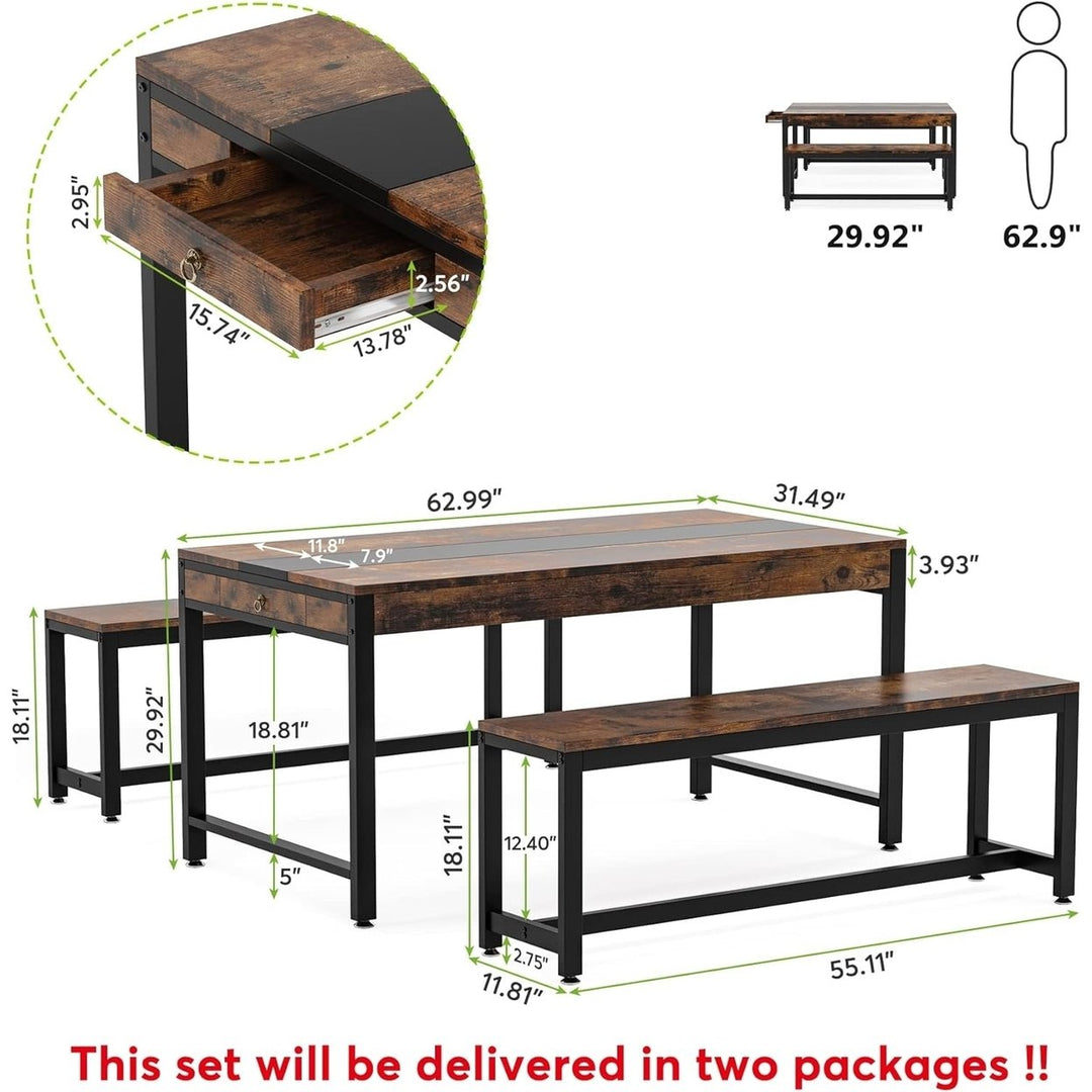 Tribesigns 63 Inch Dining Table Set for 4-6 with 2 Benches and Drawer Storage Image 6