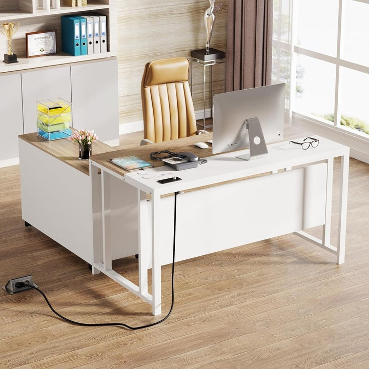 Tribesigns L-Shaped Desk 55 inch with Power Outlet and Drawer Cabinet Brown Image 7