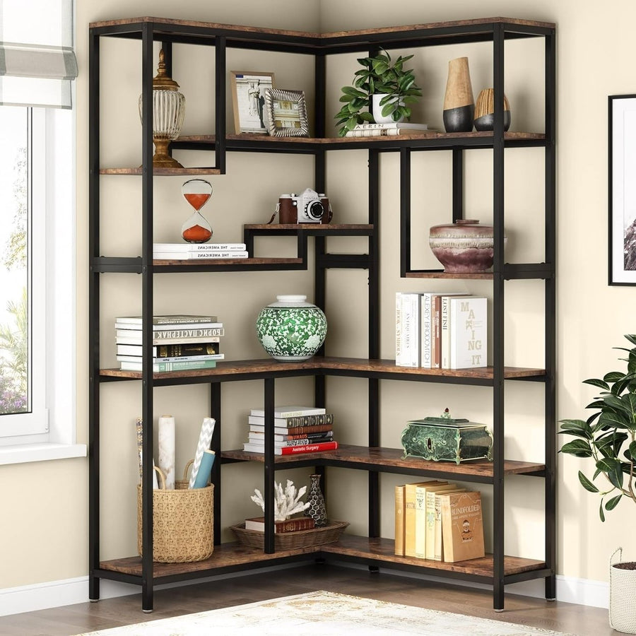 Tribesigns 6-Shelf Corner Bookshelf Rustic Brown Modern Tall Storage Display Rack Image 1