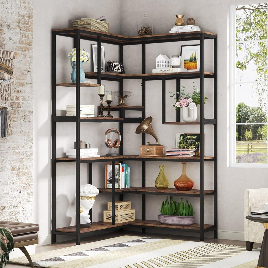 Tribesigns 6-Shelf Corner Bookshelf Rustic Brown Modern Tall Storage Display Rack Image 4