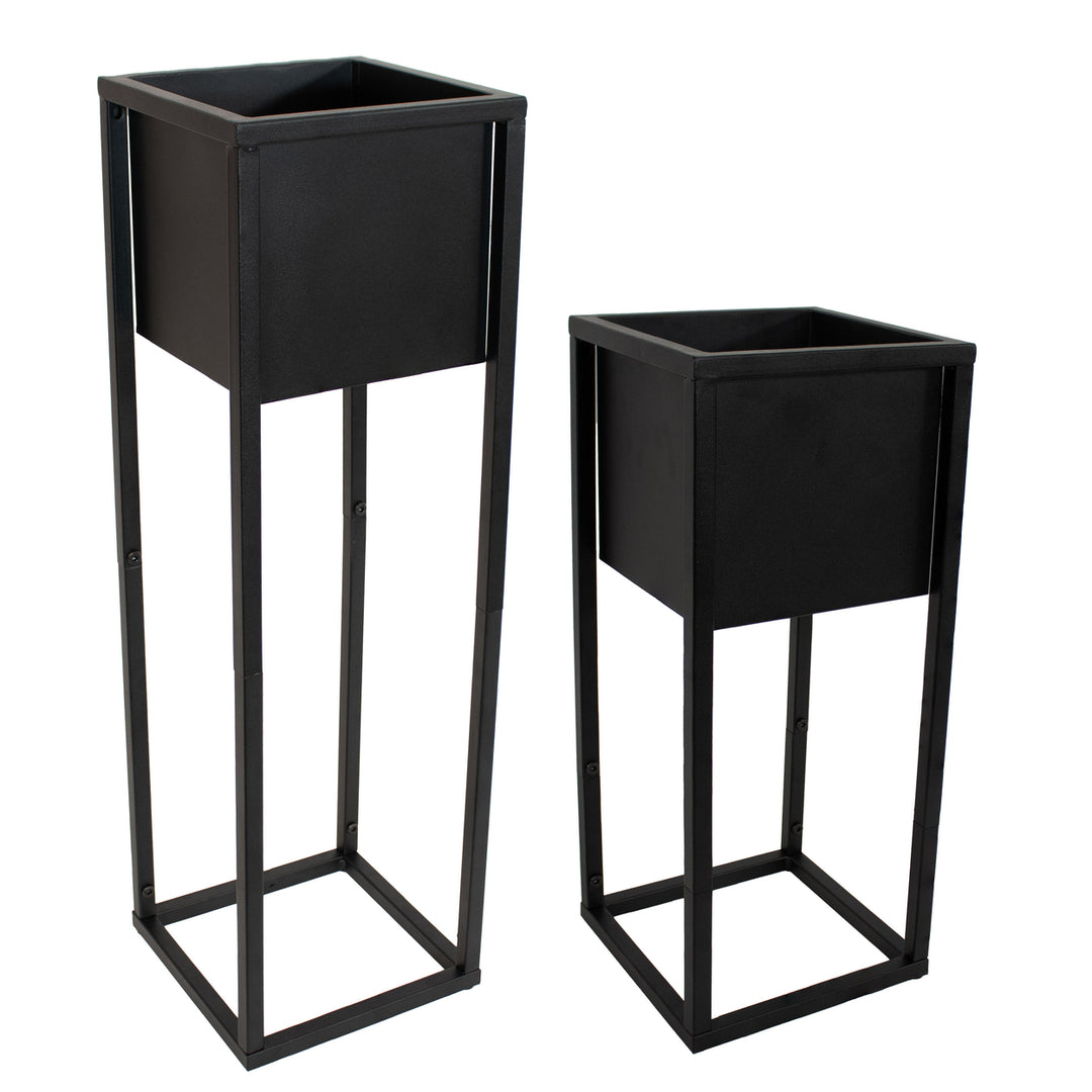 Sunnydaze Modern Simplicity Square Planters - 19.75" H and 27" H - Black Image 1