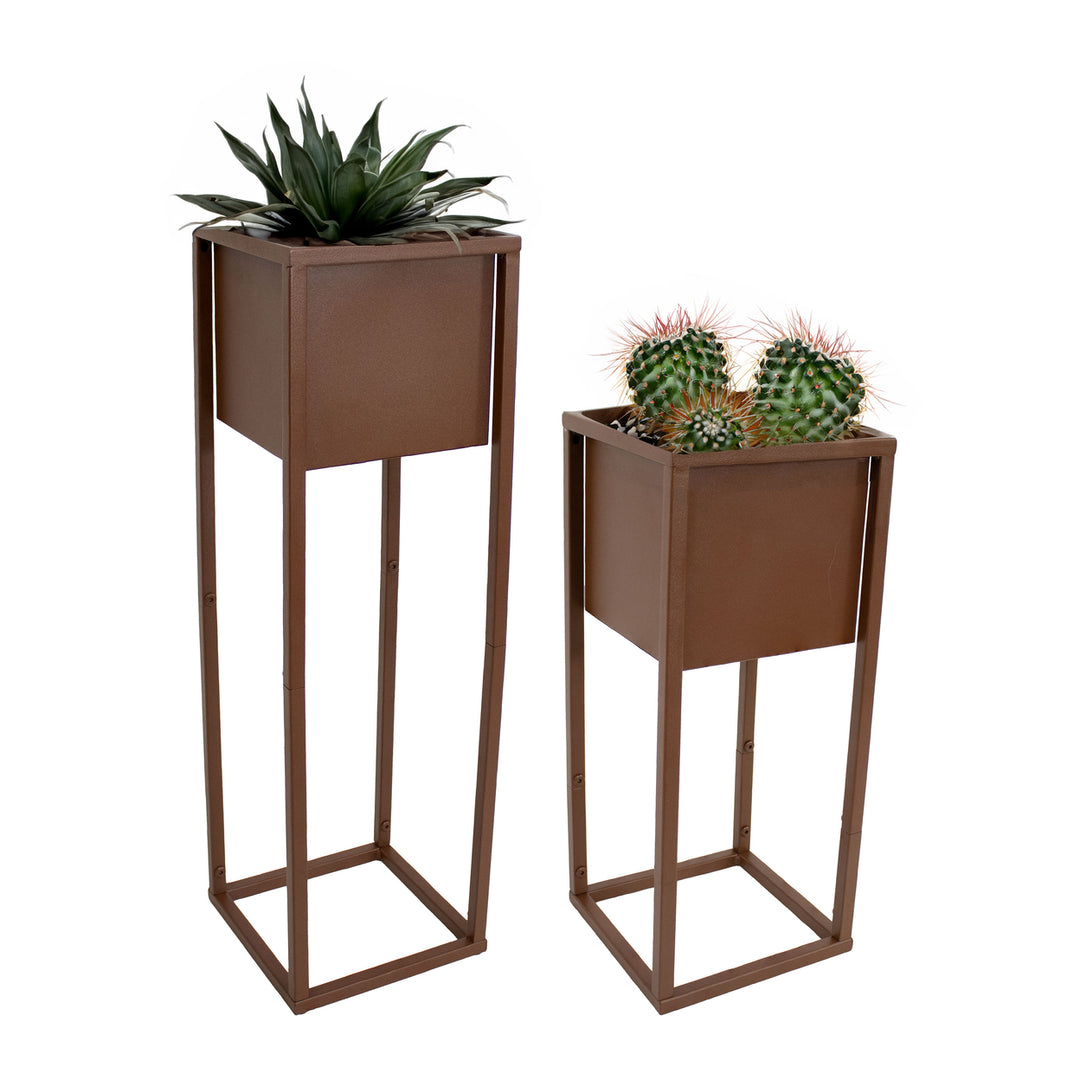 Sunnydaze Modern Simplicity 8.25" Square Planters - 19.75" H and 27" H - Brown Image 4