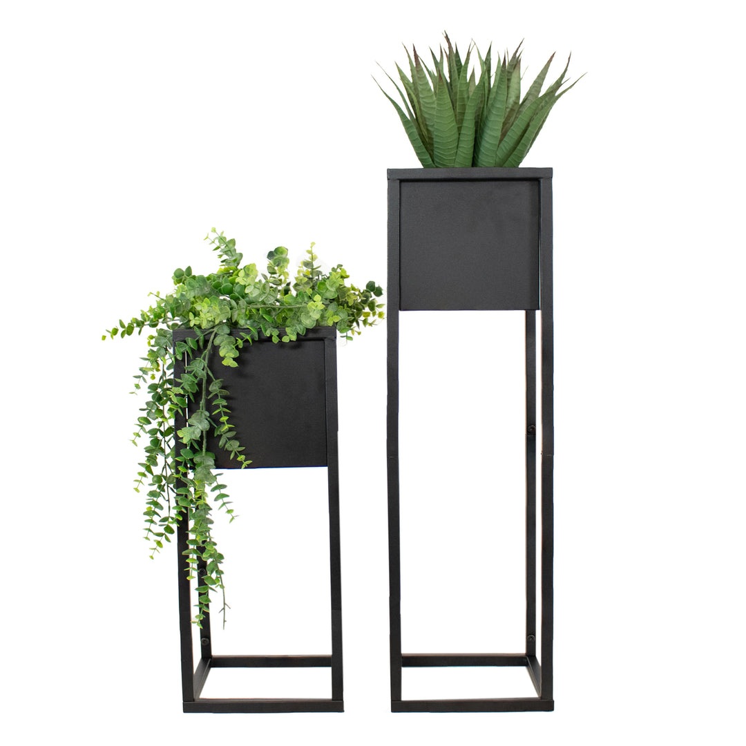 Sunnydaze Modern Simplicity Square Planters - 19.75" H and 27" H - Black Image 3