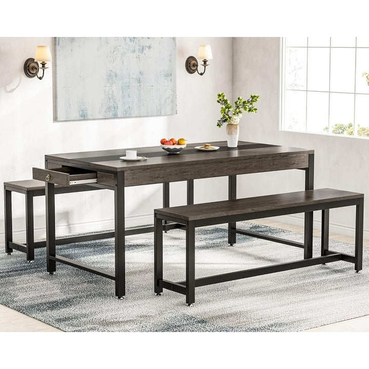 Tribesigns Large Dining Table Set for 4-6 with Benches and Drawer Kitchen Table Image 1