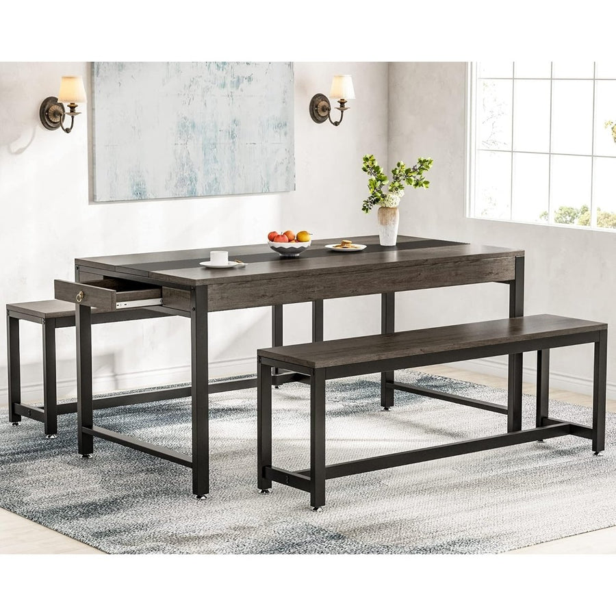 Tribesigns Large Dining Table Set for 4 to 6, Kitchen Breakfast Table with 2 Benches and Sided Drawer Image 1