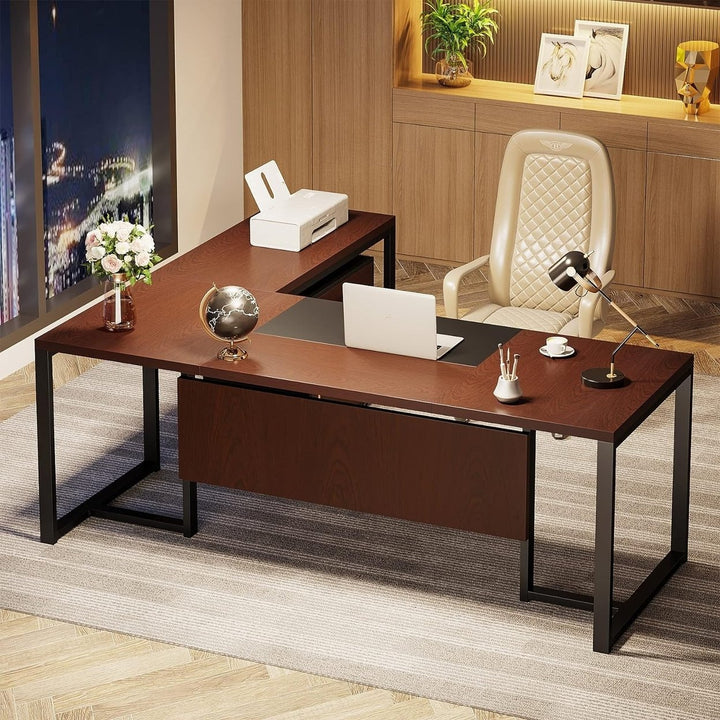 Tribesigns L-Shaped Executive Desk Dark Walnut with Drawer and File Cabinet 70.8" Image 1