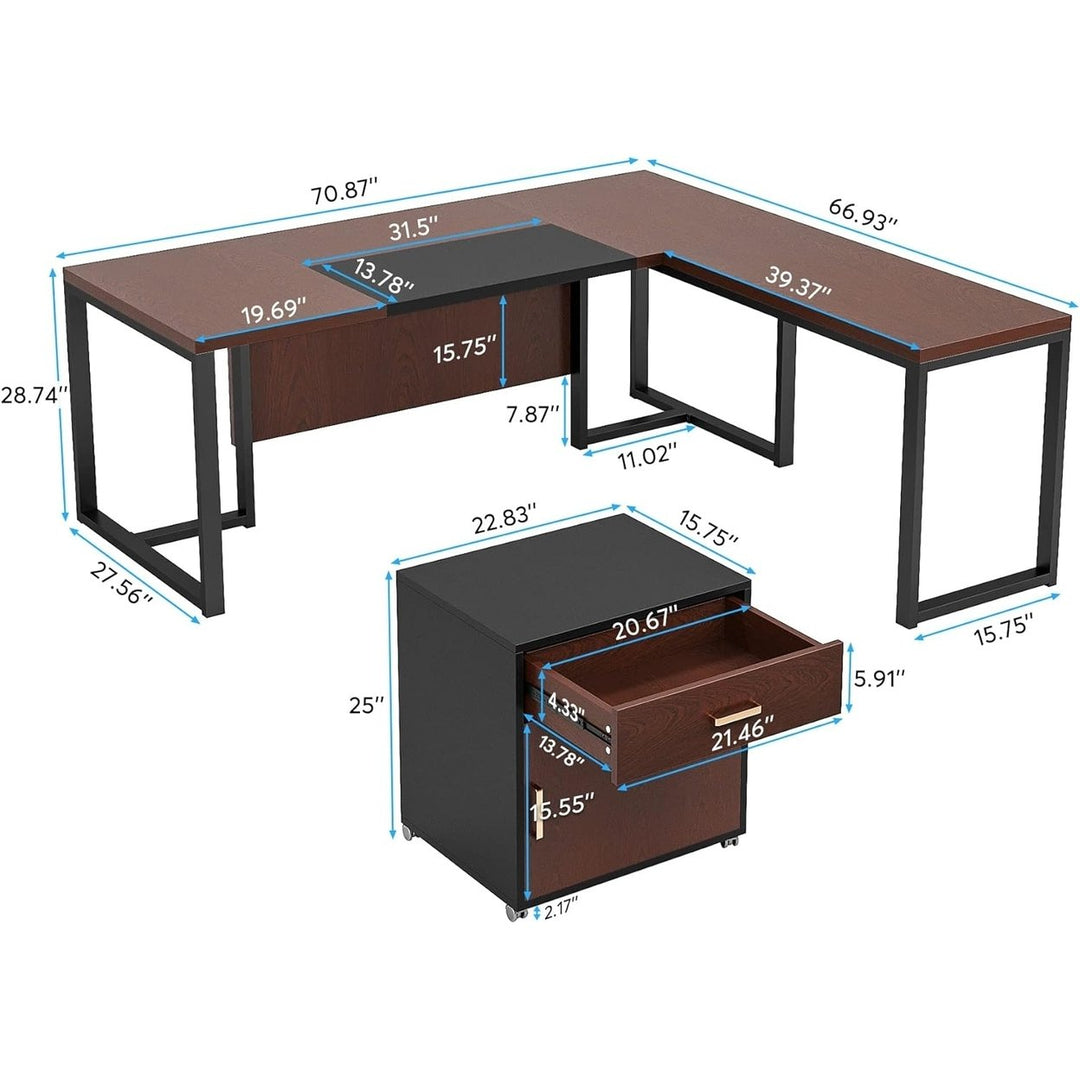 Tribesigns L-Shaped Executive Desk Dark Walnut with Drawer and File Cabinet 70.8" Image 2