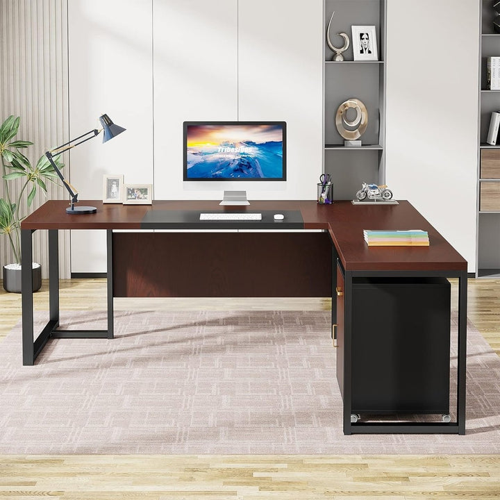 Tribesigns L-Shaped Executive Desk Dark Walnut with Drawer and File Cabinet 70.8" Image 3