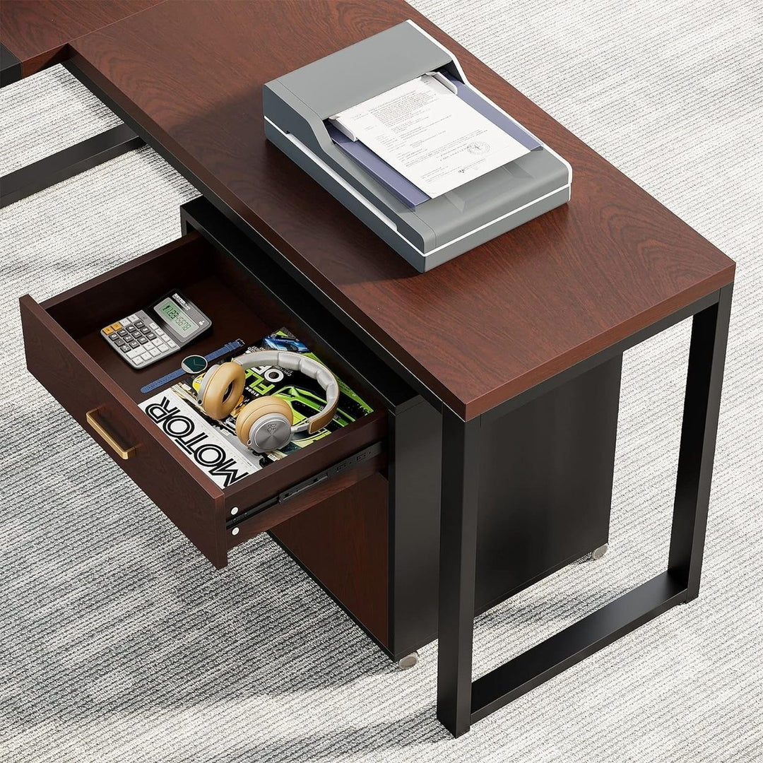 Tribesigns L-Shaped Executive Desk Dark Walnut with Drawer and File Cabinet 70.8" Image 4