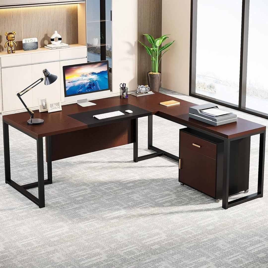 Tribesigns L-Shaped Executive Desk Dark Walnut with Drawer and File Cabinet 70.8" Image 5