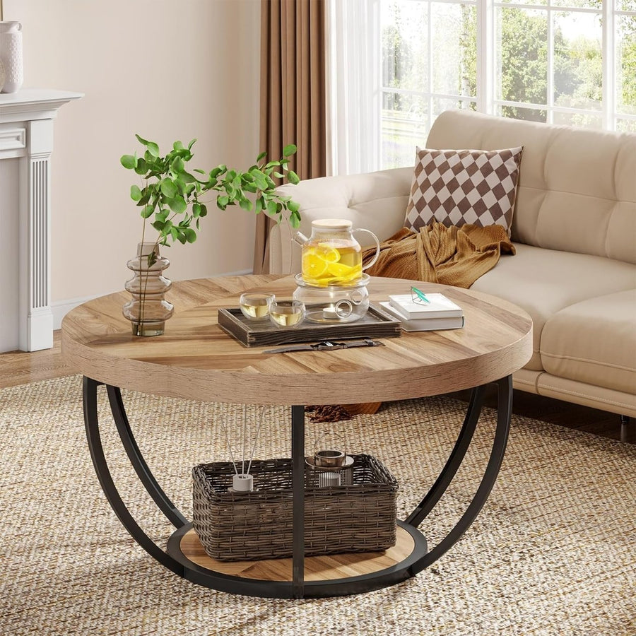 Tribesigns Round Coffee Table 31.7in Wooden 2-Tier with Storage Shelves Industrial Image 1