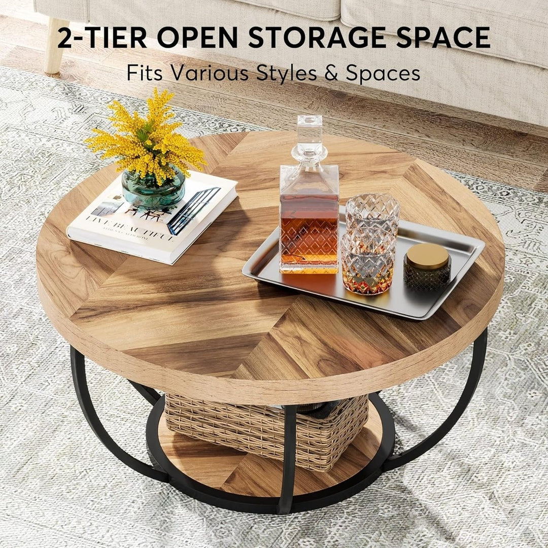 Tribesigns Round Coffee Table 31.7in Wooden 2-Tier with Storage Shelves Industrial Image 3