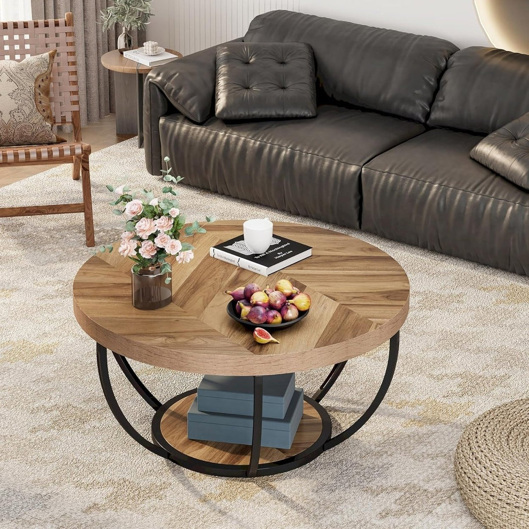 Tribesigns Round Coffee Table 31.7in Wooden 2-Tier with Storage Shelves Industrial Image 4