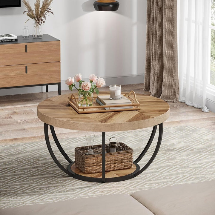 Tribesigns Round Coffee Table 31.7in Wooden 2-Tier with Storage Shelves Industrial Image 5