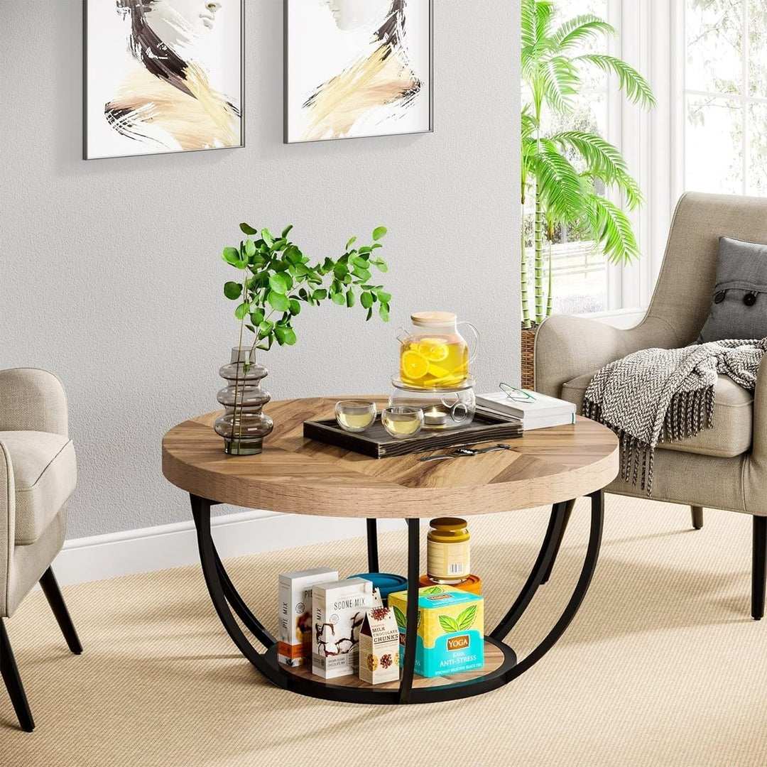 Tribesigns Round Coffee Table 31.7in Wooden 2-Tier with Storage Shelves Industrial Image 6