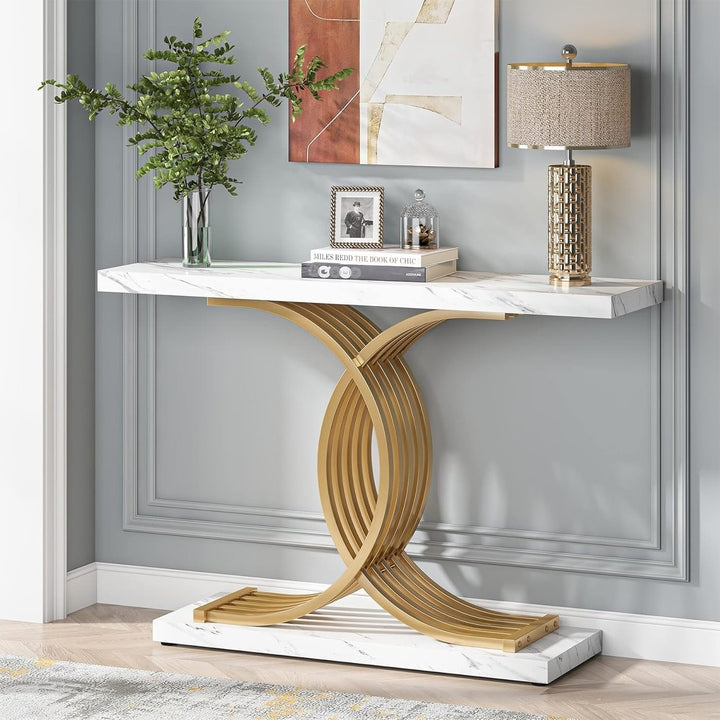 Tribesigns 39 Inch Gold Entryway Table Modern Faux Marble Console with Metal Legs Image 1