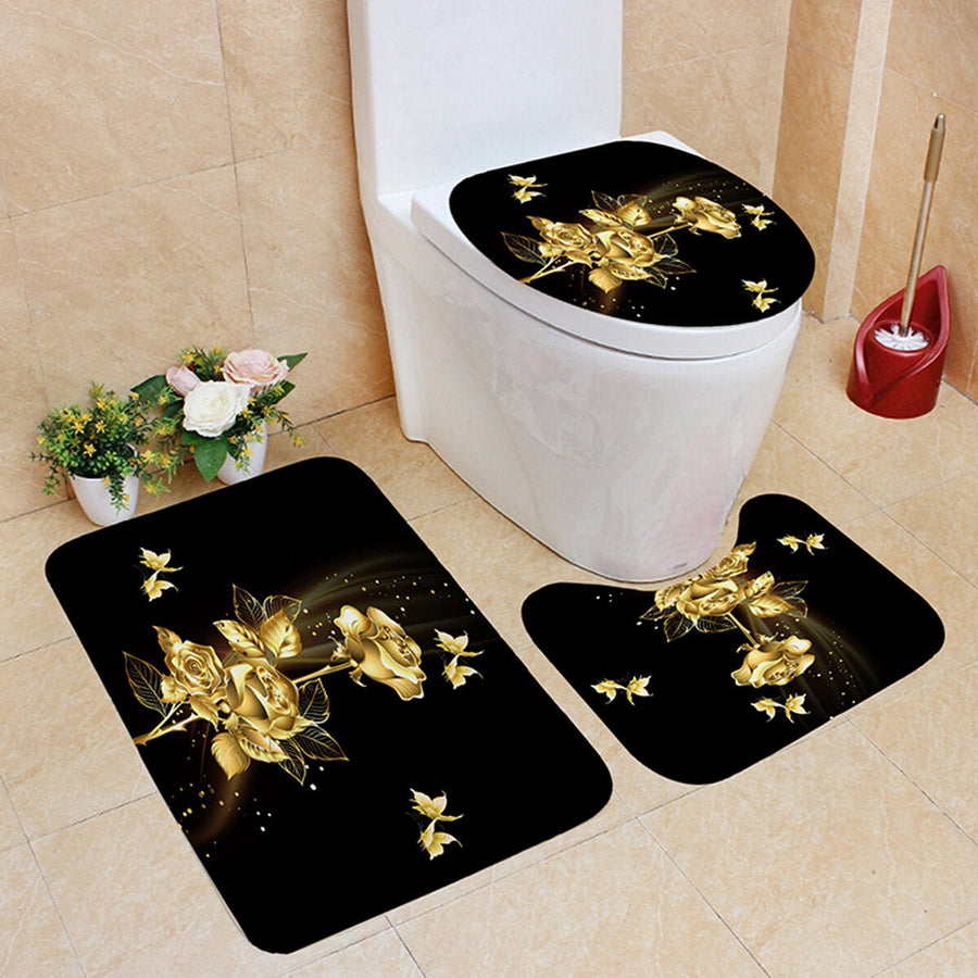 1/3/4PCS Gold Rose Butterfly Waterproof Shower Curtain Non-toxic Dustproof Toilet Seat Cushion Set Image 1