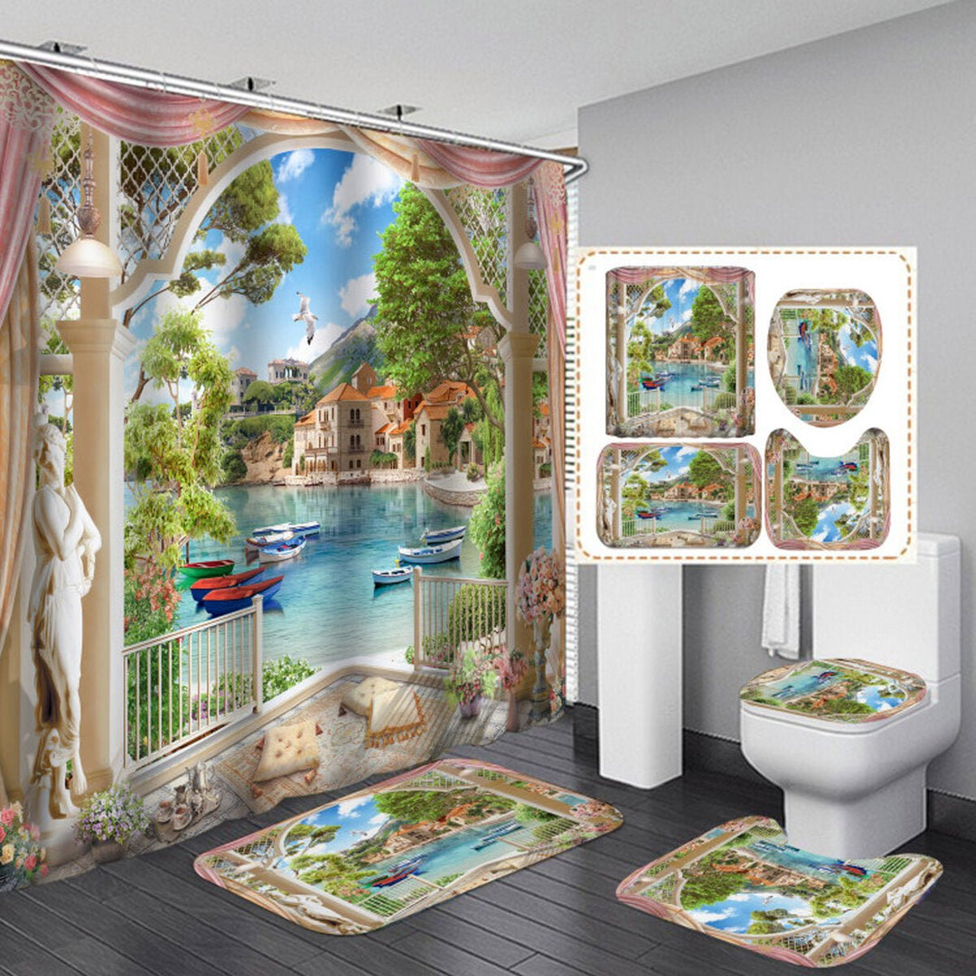 1/3Pcs Bathroom Shower Curtain Mediterranean Sea Printing Set Toilet Cover Mat Image 2