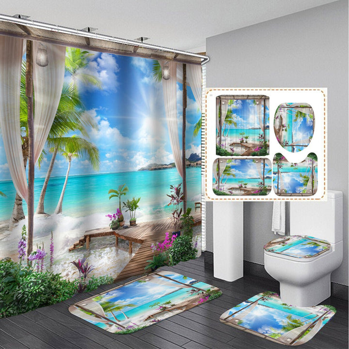 1/3Pcs Shower Curtain Set Bay Printing Toilet Cover Mat Bathroom Non-Slip Mat Image 2