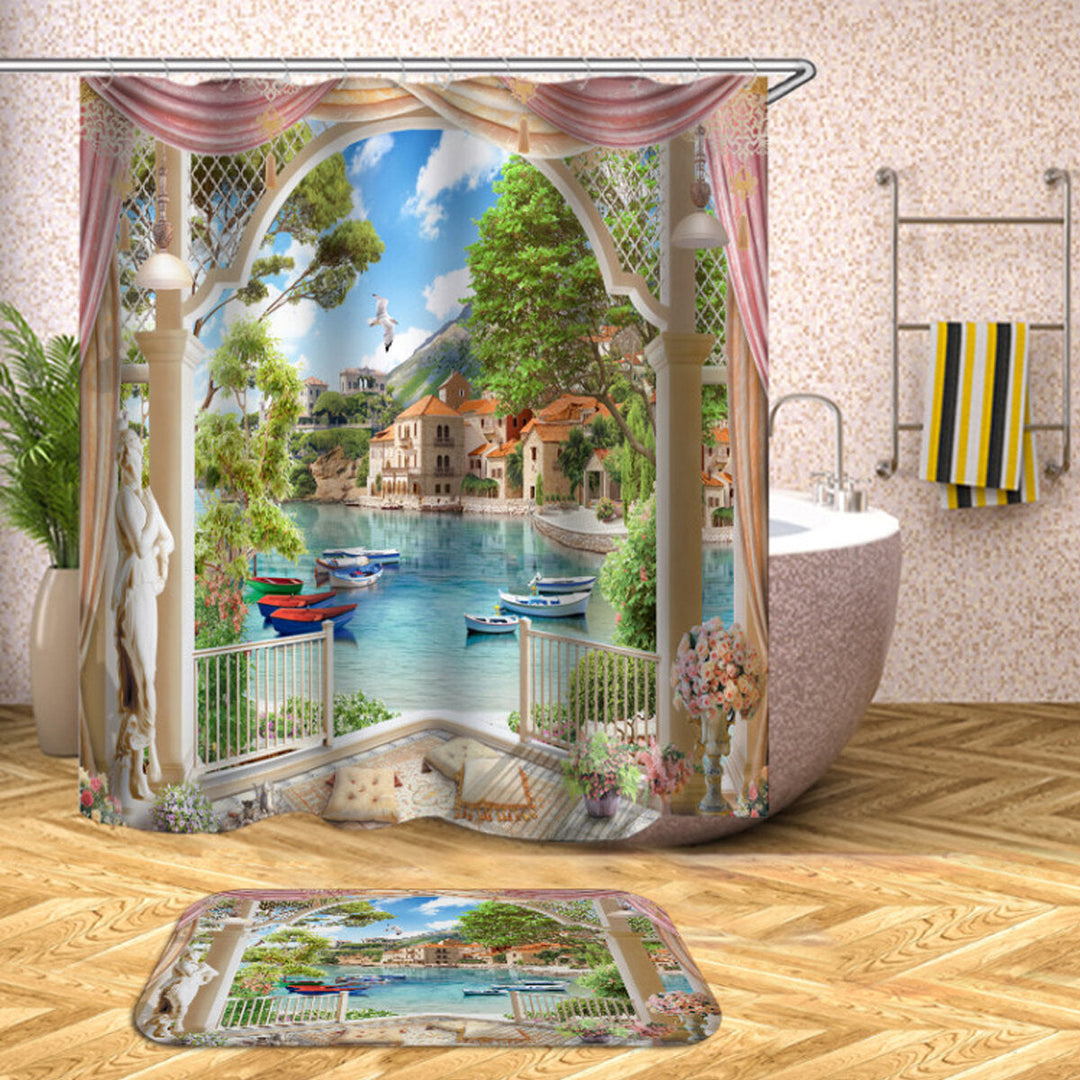 1/3Pcs Bathroom Shower Curtain Mediterranean Sea Printing Set Toilet Cover Mat Image 4