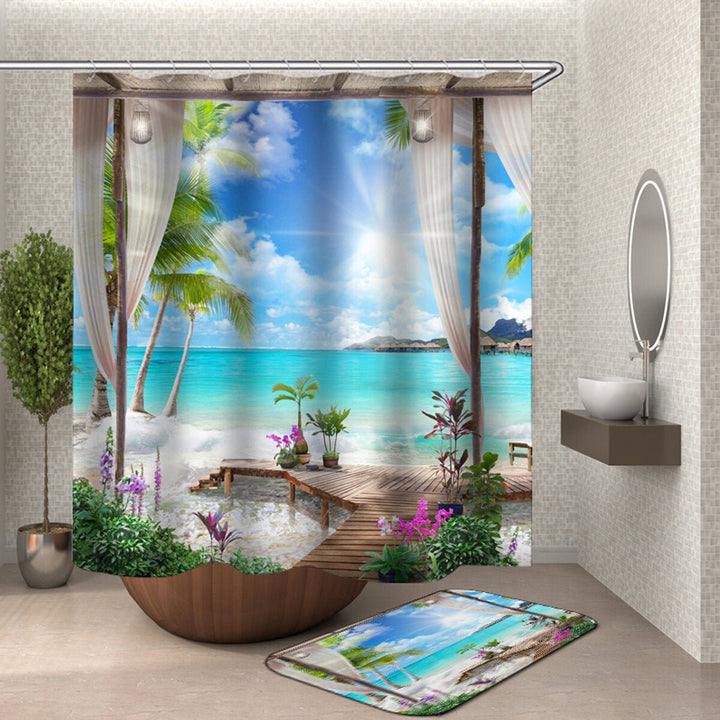 1/3Pcs Shower Curtain Set Bay Printing Toilet Cover Mat Bathroom Non-Slip Mat Image 5