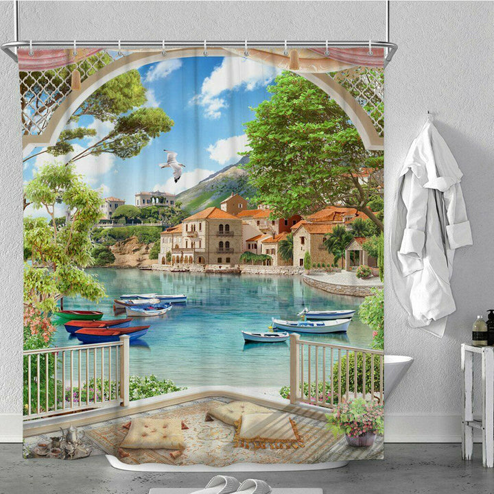 1/3Pcs Bathroom Shower Curtain Mediterranean Sea Printing Set Toilet Cover Mat Image 6