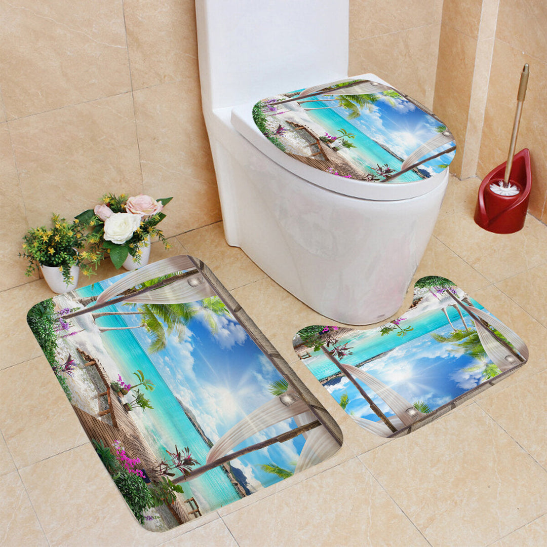 1/3Pcs Shower Curtain Set Bay Printing Toilet Cover Mat Bathroom Non-Slip Mat Image 6