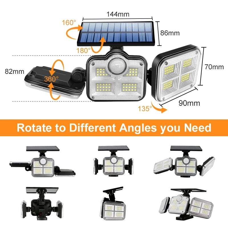 108/122/138/171 LED Solar Lights 3 Head Motion Sensor 270 Wide Angle Illumination Outdoor Waterproof Remote Control Wall Image 2