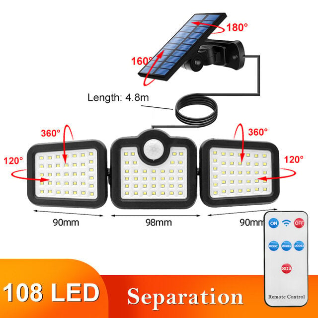 108/122/138/171 LED Solar Lights 3 Head Motion Sensor 270 Wide Angle Illumination Outdoor Waterproof Remote Control Wall Image 7