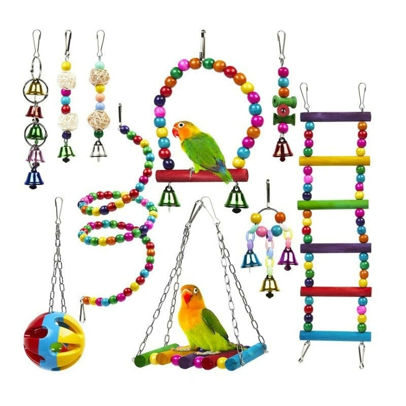 10 Pack Bird Cage Toys for Parrots Reliable and Chewable - Swing Hanging Chewing Bite Bridge Wooden Beads Ball Bell Toys Image 2