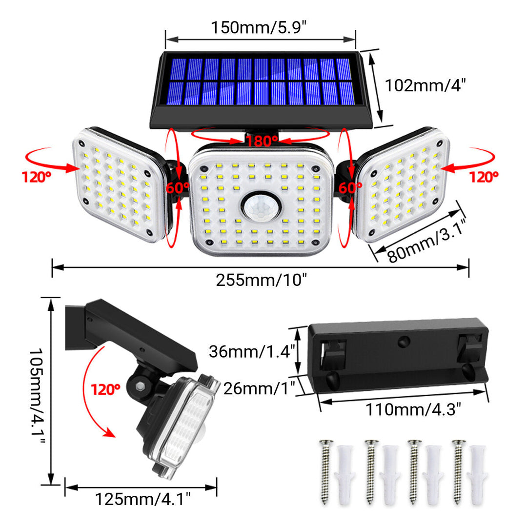 112LED/138LED/132COB Solar Motion Sensor Lights Security Wall Lamp Floodlight 3-Head Image 5