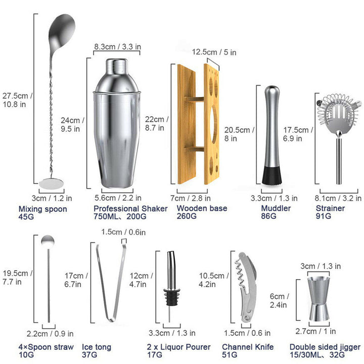 14Pcs Cocktail Shaker Set Mixer Martini Spirits Bar Spoon Jigger Strainer Stand Image 4