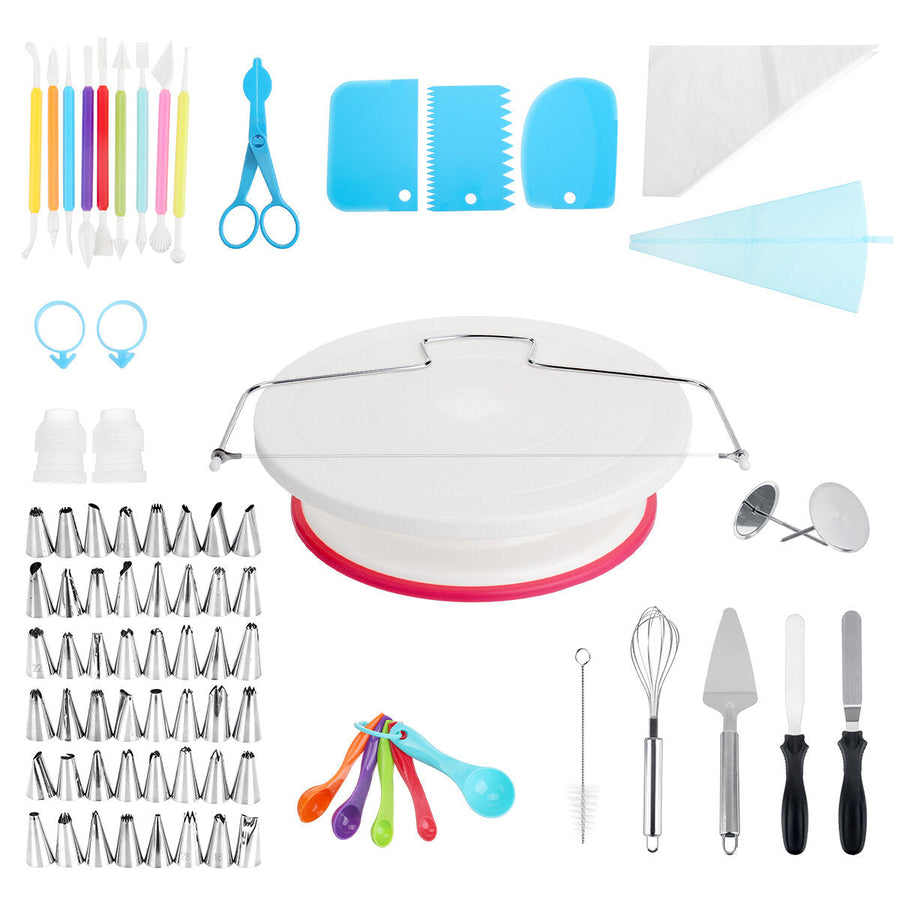 130Pcs Cake Decorating Kit Baking Fondant Supplies Turntable Bag Tip Spatula Tools Kit Image 1