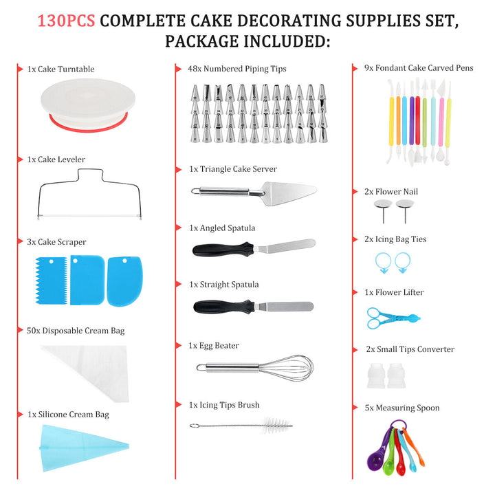 130Pcs Cake Decorating Kit Baking Fondant Supplies Turntable Bag Tip Spatula Tools Kit Image 9