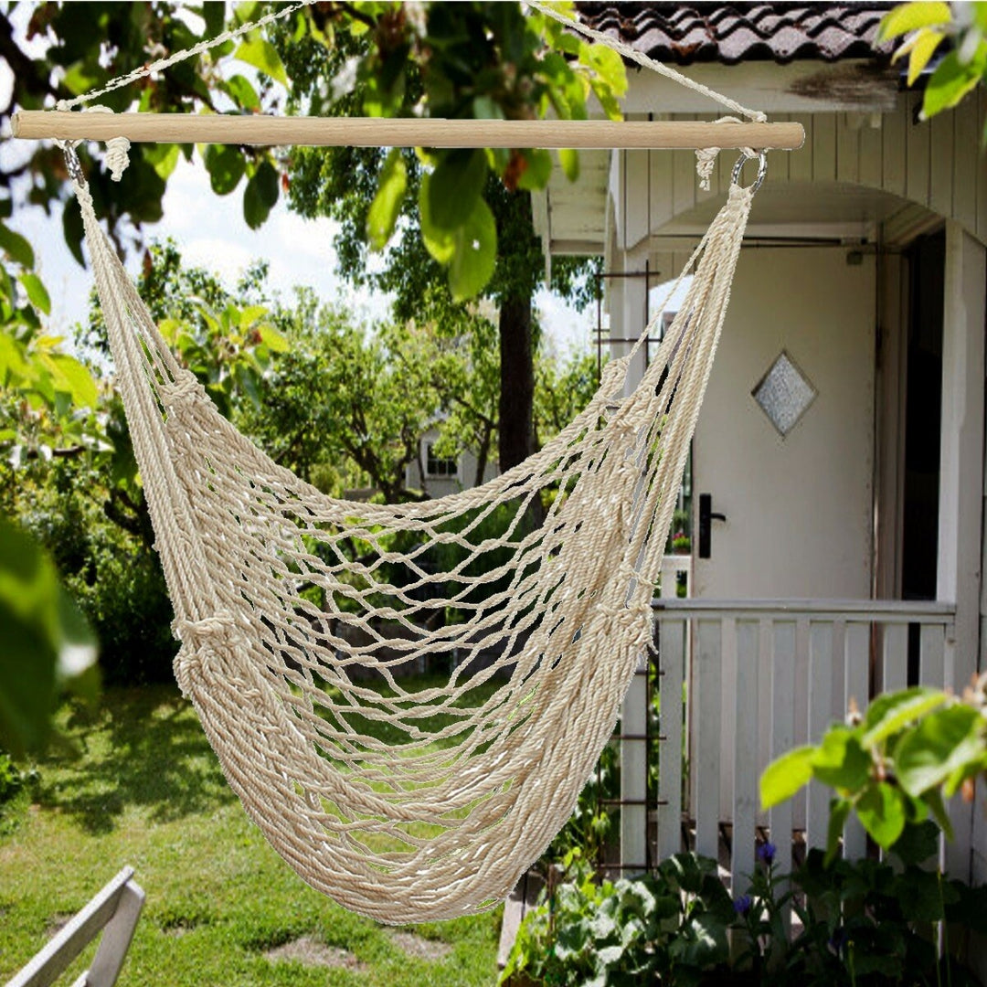 135 x 90CM Portable Outdoor Swing Cotton Hammock Chair Wooden Bar Hanging Rope Chair For Garden Patio Yard Porch Image 2