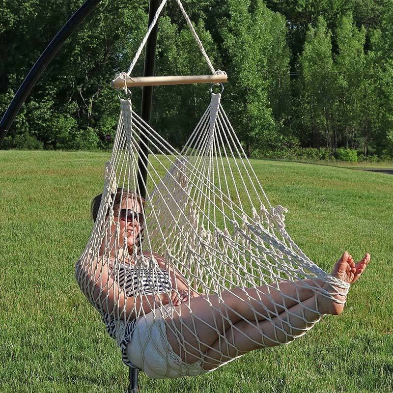 135 x 90CM Portable Outdoor Swing Cotton Hammock Chair Wooden Bar Hanging Rope Chair For Garden Patio Yard Porch Image 3