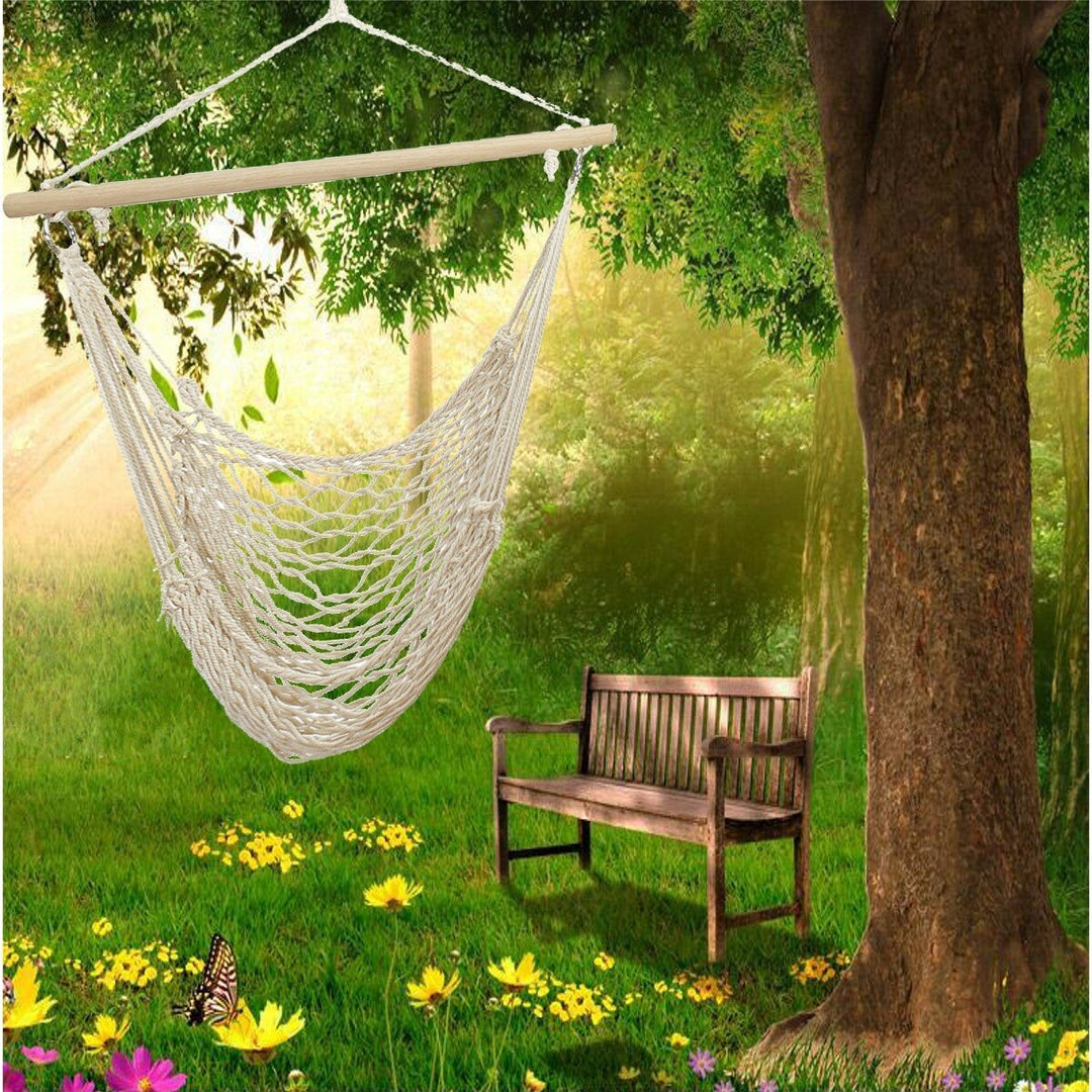 135 x 90CM Portable Outdoor Swing Cotton Hammock Chair Wooden Bar Hanging Rope Chair For Garden Patio Yard Porch Image 4